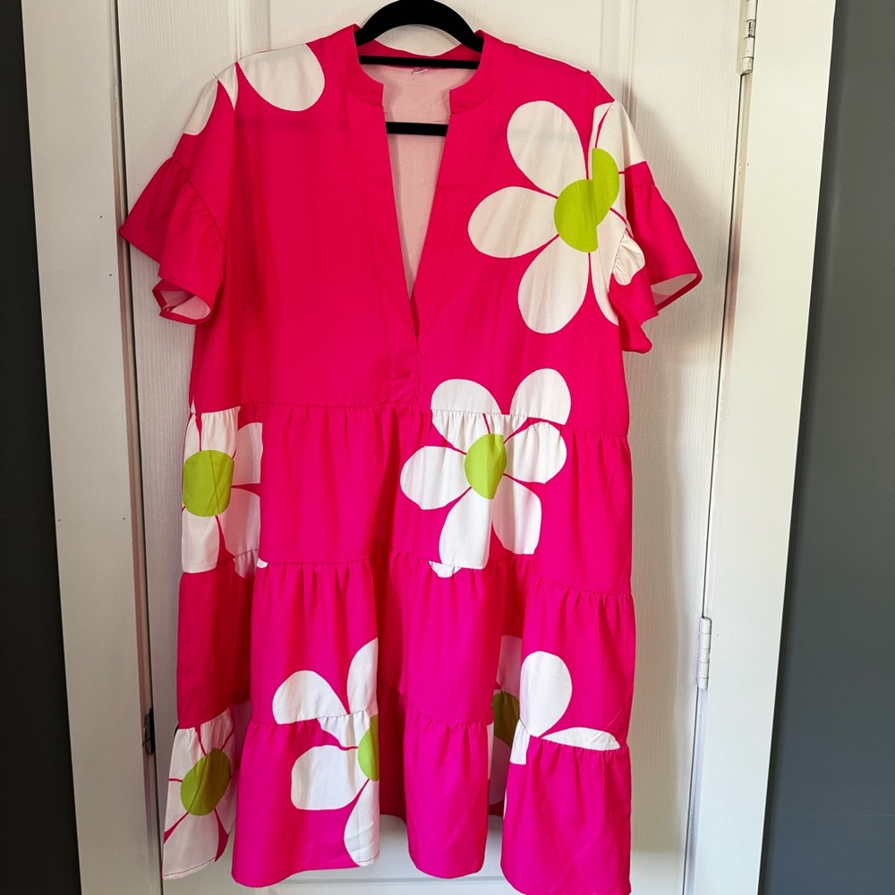 Plus Size Women's Vacation Casual Floral Print Ruffle Sleeve Dress Size 3XL